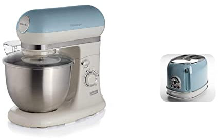 Ariete 1588 Impastatore Vintage Planetaria Per Pane, Pizza, Dolci E Pasticceria, Bianco Blu & 155 Tostapane di Design a 2 Fette con Pinze, 6 Livelli di Tostatura, 810 W, Azzurro Pastello