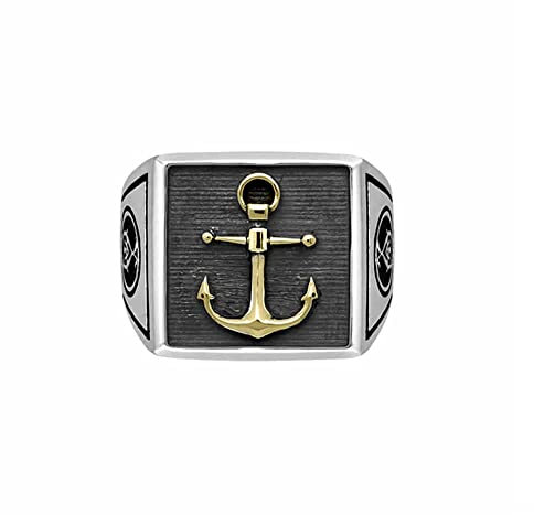 Herren-Siegelring, Silber, Anker, Marineblau, goldfarben, Metall, Kein Edelstein
