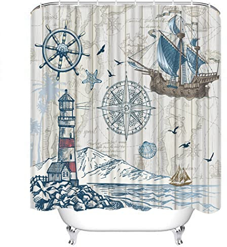 CYREKUD 72 x 72 Nautical Sailboat Map Shower Curtain Rustic Lighthouse Compass Scene Bathroom Set Boys Girls Pirate Ship Home Bath Bathtub Decor Durable Fabric Machine Washable with 12 Hooks