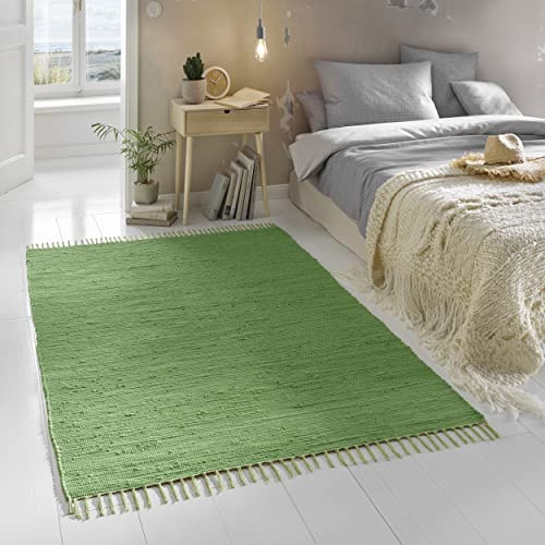 TacaHome Flicken-Teppich 100% Baumwolle I Waschbarer Fleckerl mit Fransen I Esszimmer Küche Badezimmer Wohnzimmer Kinderzimmer | 70 x 140 cm Grün