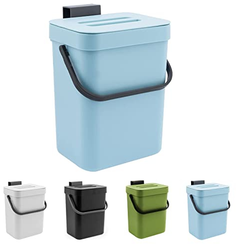 Kitchen Small Trash Can with Lid, 5L/1.3 Gal Hanging Compost Bin Under Sink, Plastic Waste Basket Garbage Box for Kitchen Counter/Bedroom/Bathroom/Dorm/Office/Camping (Blue)