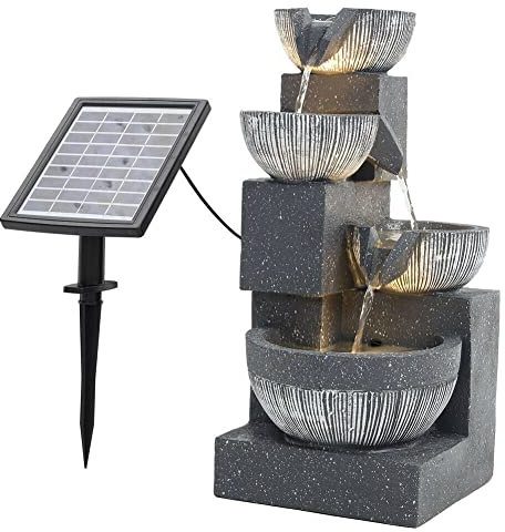 Outdoor Garden Water Fountain 4 Tier Garden Bowl Fountain Resin Water Feature LED Backlight Cascading Outdoor Floor-Standing Waterfalls Fountains for Home Yard Decoration