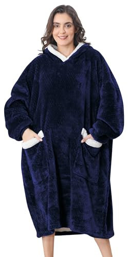 VHOME Oversized Hoodie Decke, Übergroßer Damen Herren mit Ärmeln und Kapuze Tragbare Decke, Superweiche und Warme Erwachsene Decken Für Weihnachts Geburtstags Geschenke Marine 110x80cm