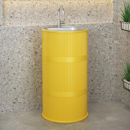 Lavandino a Colonna Moderno in Ferro Battuto, Mobile da Bagno con Lavabo in Acciaio Inox, Lavandino su Piedistallo Freestanding Set con Rubinetto e Scarico (senza contenitore,Giallo)
