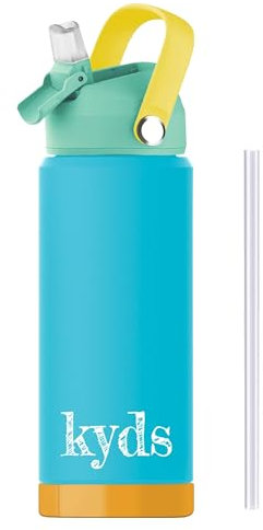 kyds® Trinkflasche Kinder, Thermo Edelstahl Wasserflasche, Auslaufsicher, mit Fruchteinsatz, Kohlensäure geeignet, BPA-frei, spülmaschinenfest, Trinkflasche für Schule Sport (Blue/Orange, 500ml)