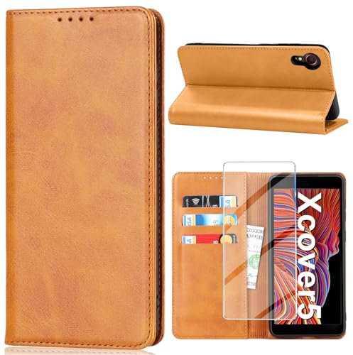 Handyhülle für Samsung Galaxy Xcover 5 Hülle mit Schutzfolie, Schutzhülle Galaxy Xcover 5 PU Leder Wallet Kartenfach Ständer Klapphülle Lederhüllen Case für Samsung Xcover 5 Tache Cover (Gelb)