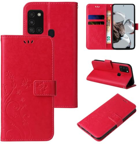 LBH Handy Hülle für Samsung Galaxy A21s Case Handytasche Schmetterling Blumen Flower Standfunktion Schutzhülle Magnet Rundum Schutz 360 Grad Flipcase Cover Rot