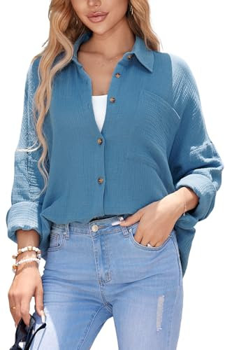 Stamain Musselin Bluse Damen Blau Freizeit Bluse Damen Langarm mit Baumwolle Sommer Strand Longbluse Große Größen Lose Hemdbluse für Frauen Oberteile M