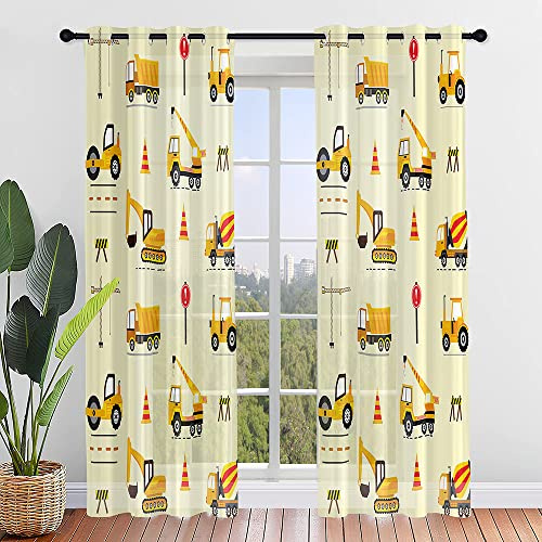 Odot Kinder Voile Vorhänge Sheer Vorhang mit Ösen 2er Set Kreativer Cartoon Druck Transparent Gardinen Ösenschal für Wohnzimmer Schlafzimmer Sonnenlichtfilterung (140x275cm,Bagger)