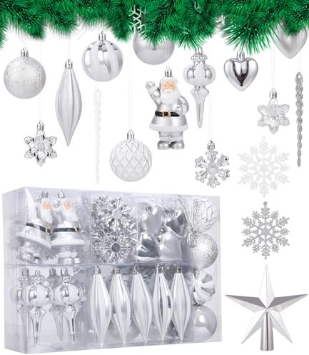 Yulado Weihnachtskugeln, 88 Stück Premium Weihnachtskugel Ornamente Kunststoff Christbaumkugeln Weiß mit Baumspitze Stern, Weihnachtsbaumschmuck, unzerbrechlich, Mehrweg, für drinnen und draußen.