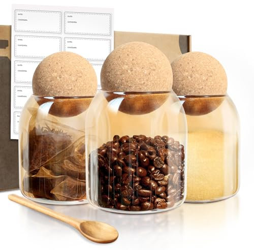 Lot de 3 pots en verre ambré avec couvercles ronds en liège et cuillère - 500 ml - Avec 10 feuilles d'étiquettes vierges pour épices, bain, sel, café, bonbons, loisirs créatifs