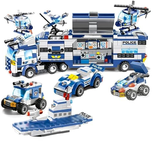 Auspcers 8-in-1SWAT Polizei Bausteine Bausatz, 762 Teile Stadt Polizeiauto Spielzeug für mit Polizeiauto, Hubschrauber, Wasserpatrouillenboote (Blau)