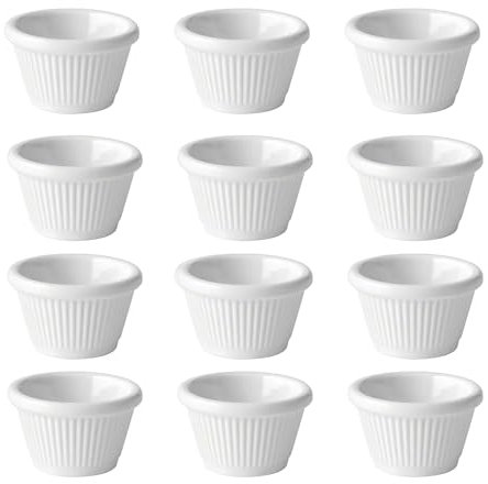 Chabrias Pack of 12 Fluted Traditional Melamine Ramekins Condiment Pots, Sauce Ramekins, Dip Bowls, Tough Plastic Sauce Pots, Made in England (White 2oz)