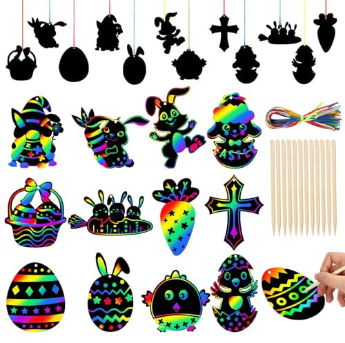 36 Stück Ostern Kratzbilder Kinder, Ostern Kratzpapier Kinder, Ostereier Scratch Art Set mit Bändern Kratzstift, Ostern Bastelset Kinder für Ostern Deko Party Mitgebsel