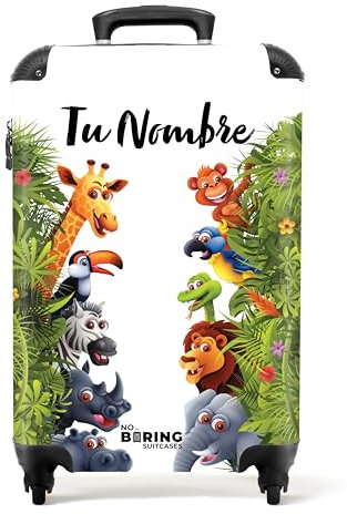 NoBoringSuitcases.com Kinderkoffer Personalisiert - Koffer 10kg - Reisekoffer - Rollkoffer - Dschungeltiere - Grün-Weiß - Trolley Kinder - Hardcase Koffer- Handgepäck 55x40x20 cm