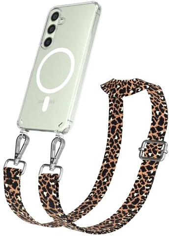 EAZY CASE Handykette - Verstellbares Taschenband kompatibel mit Galaxy S24, Schulterriemen, Handykordel mit Silikon Hülle, Qi Charging kompatibel, Umhängetasche, Leo - Schwarz Braun Metall Silber