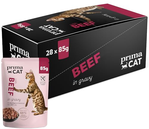 PrimaCat - Nassfutter für Erwachsene Katzen, Rind in Soße, 28 x 85 g | Alleinfutter, Zarte Filets in Soße, unterstütz die Flüssigkeitszufuhr, getreidefrei, ohne Zuckerzusatz, mit Rind