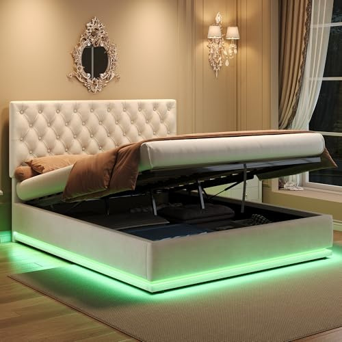 Merax 4ft6 Double Ottoman Bed LED Velvet Upholstered Bed 135x190cm with Hydraulic Storage, Lighting, Handmade Button Tufted Adjustable Headboard, No Box Spring Needed – Beige (No Mattress)