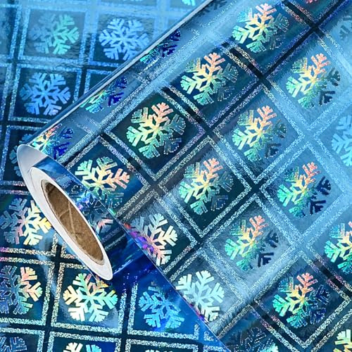 RUSPEPA Blaues schneeflocken‑holografisches Geschenkpapier, metallisches Schneeflocken‑Muster für Heiligabend‑Saison, Geburtstag, Hochzeit, Babyparty, Abschlussfeier, Mini‑Rolle, 43,2 cm x 5 m