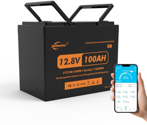 jsdsolar LiFePO4 Batterie solaire au lithium BMS Bluetooth 100 Ah 12 V avec batterie solaire pour camping-car, bateau UPS
