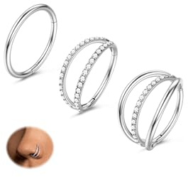 Krfy 3Stück Nasenpiercing Ring Silber 18G Nasenring 316L Chirurgenstahl Nasenpiercing Schmuck Set Hypoallergen Ohrringe Creolen Set CZ Septum Lippenring Nasen Piercing Schmuck Silber 8mm