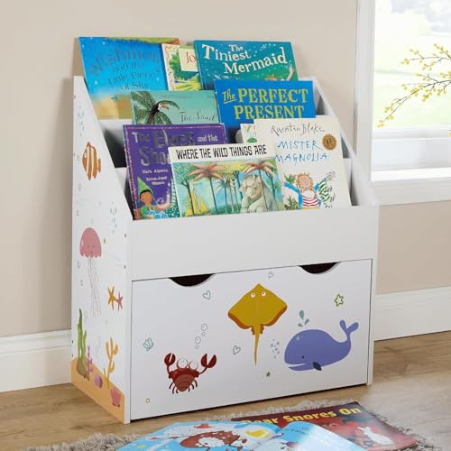 Home Source Children’s Storage Unit with 3 Shelves & Bottom Drawer – Kids’ Bookcase & Toy Organiser – Sealife Animal Design