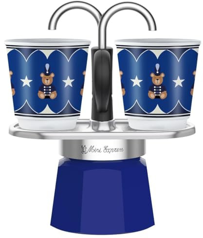 Bialetti Set Mini Express Natale 2025, Moka in Alluminio, Caffettiera Blu con 2 Tazze, Edizione Speciale Joyful Memories