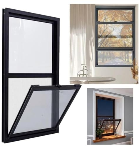 ZIUSFAC Fenêtre Coulissante Verticale Fenêtre De Service en Aluminium 60×45cm Fenêtre De sous-Sol avec Verre Trempé, pour Poulailler Magasin Salle De Bain, Noir((HxW) 90x45cm/35x18)