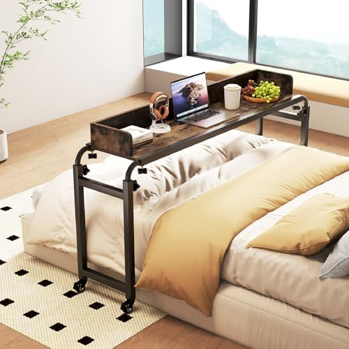 COSTWAY Overbed Table with Wheels, 136-206cm Length Extendable Mobile Over Bed Desk with 74-103cm Adjustable Height, Metal Frame Rolling Sofa Side Table Computer Desk Laptop Cart, Rustic Brown+Black