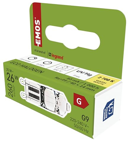 EMOS - Dimmbare G9 Halogenlampe 25W - Halogen G9-Stiftsockellampe 230 V - Helligkeit 260lm, Warmweiß 2700K - Lebensdauer 8000 Schaltzyklen - extrahohe Farbwiedergabe CRI 99,9
