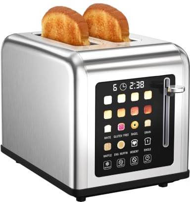 Toaster 2 Scheiben, Edelstahl Toaster mit Touchscreen, Countdown-Anzeige & Memory-Funktion, 2 Toastschlitze, extra breite Schlitze für Bagels & dicke Brotscheiben, 8 Bräunungsstufen, 880W