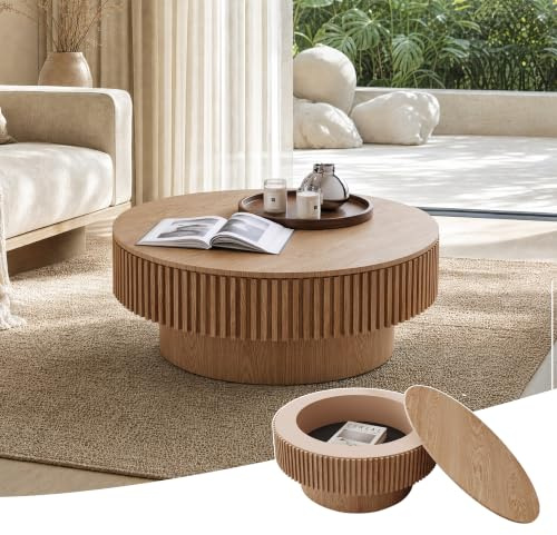 VLIVRA Couchtisch 75cm Rund Wohnzimmertisch mit Stauraum Gerillt, Natur | Runder Couchtisch im modernen Design, Wohnzimmertisch mit Stauraum, dekorativer Kaffeetisch mit natürlicher Holzoptik