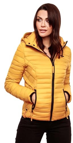 MARIKOO Damen Jacke Steppjacke Übergangsjacke mit Kapuze gesteppt B600 [B600-Samt-Gelb-Gr.XXL]