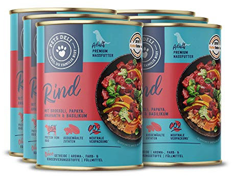 Pets Deli Nassfutter für Hunde mit Rind, Brokkoli, Papaya, Amaranth & Basilikum ohne Zucker und Gluten 6 x 400g