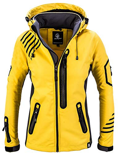 Rock Creek Damen Softshell Jacke Windbreaker Regenjacke Übergangsjacke Softshelljacke Damenjacke Regenmantel Outdoorjacke Kapuze D-402 Gelb-Grau M