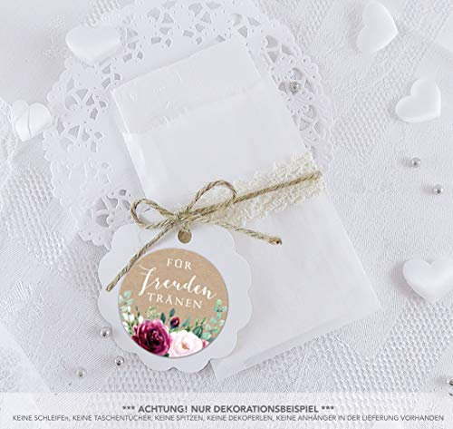 Freuden Tränen Taschentücher Set zur Hochzeit Klein 24 Sticker + 24 Flachbeutel Pergamin 63 x 93mm Freudentränen Taschentuch Verpackung BOHO HIPPIE ROSEN EUKALYPTUS KRAFTPAPIER ZWEIGE ROT ROSA