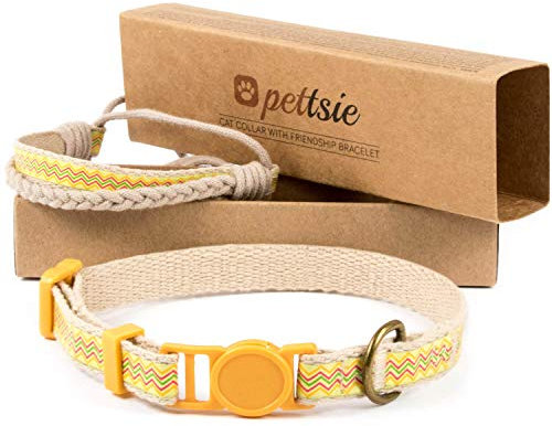 Pettsie Katzenhalsband mit Sicherheitsverschluss und Freundschaftsarmband für Sie, Starke Baumwolle, D-Ring für Zubehör, einstellbare Größe 19-29 cm, Gelb