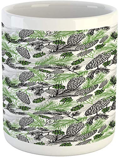 Green Xmas Mug,Pine Cones and Holiday Theme Plants Fir Tree Motifs Print,Ceramic Coffee Mug Cup for Water Tea Drinks,11 oz,White Fern Green