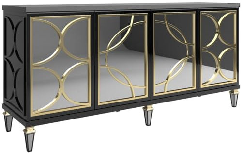 Casa Padrino Luxus Barock Sideboard Schwarz/Gold 220 x 55 x H. 105 cm - Prunkvoller Schrank mit 4 verspiegelten Türen - Barock Möbel