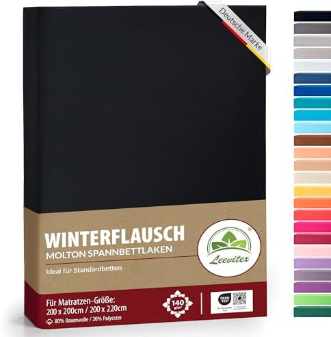 Winter Spannbettlaken | Farbenfrohes Thermo Fleece | Spannbetttuch, Bettlaken in vielen Größen und Farben (200x220 cm +40cm Steg, Schwarz)