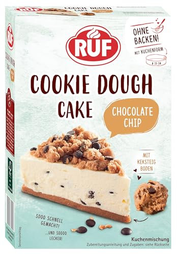 RUF Cookie Dough Cake ohne Backen, Tortenboden aus Keksteig mit Frischkäse-Creme und Schokoladenstückchen, inkl. Kuchenform, 1x325g