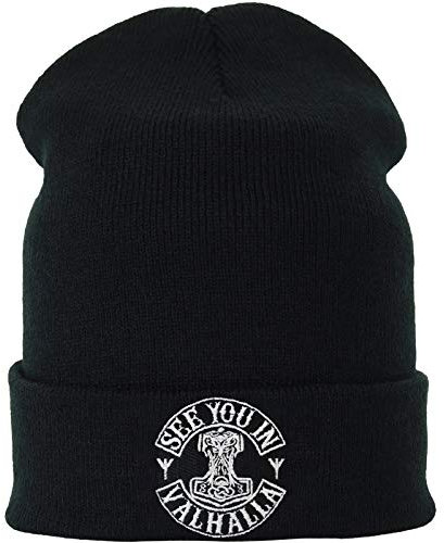 EXPRESS-STICKEREI Lustige Strickmütze - Warme Wintermütze mit Spruch See You in Valhalla - Biker Beanie für Damen und Herren - Unisex Wollmütze - Heavy Metal Haube mit Spruch