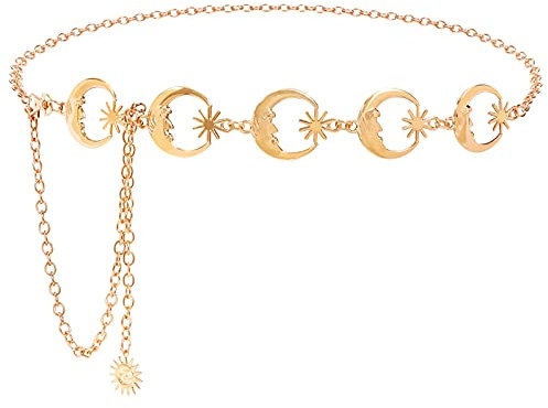WERFORU Women Chain Belt Stars Moon Waist Chain Fashion Adjustable Metal Link Decorative Belt for Dresses Jeans Gold