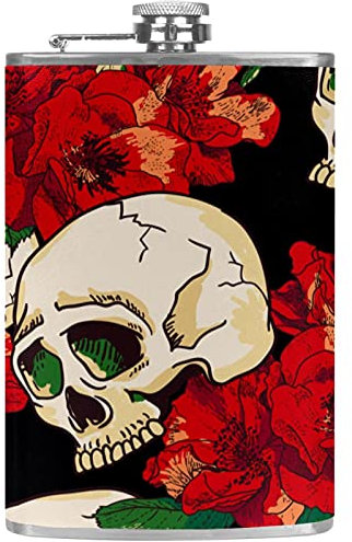 Kleiner Flachmann für Likör und Trichter, Edelstahl, auslaufsicher, für Wein, Whiskey, Rum und Wodka, Totenkopf, Blumen, Rose, Halloween
