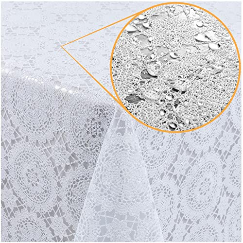 Tischdecke abwaschbar Wachstuch Lace Vinyl Häkel Spitze Optik 200 x 138cm Kreise Weiß abwischbar