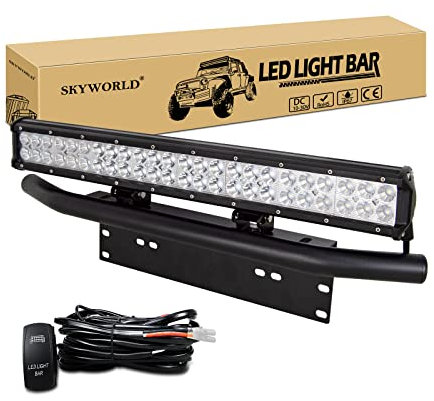SKYWORLD LED-Lichtleiste, 23 Zoll 144W Spot-Flut-Kombistrahl, Arbeitslampe mit schwarzer Kennzeichenhalterung, 12 V Kabelbaum-Set Wippschalter für LKW Auto ATV SUV 4X4