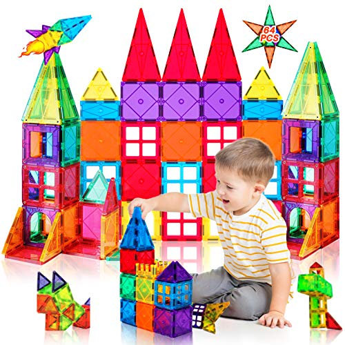 Katiago Blocs Construction Magnétiques 64 pièces Jeux Éducatifs Cadeau pour Garçons et Filles -3D Jouets Plus Forts Jouets de Construction Puzzle Magnetique Enfant 3456789