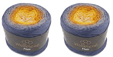 Wollbiene Flair Cotton 2x250g Bobbel Wolle Farbverlauf, 100% Baumwolle, Bobble Strickwolle Mehrfarbig (950 jeansblau orange)