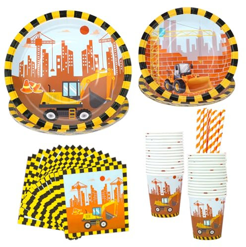 PHOGARY 81 PCS Baustelle Geburtstag Deko, Bagger Geburtstagsdeko Partygeschirr Konstruktion Party Geschirr Set für 16 Gäste, mit pappteller kindergeburtstag, Pappbecher, Tischdecken, Servietten
