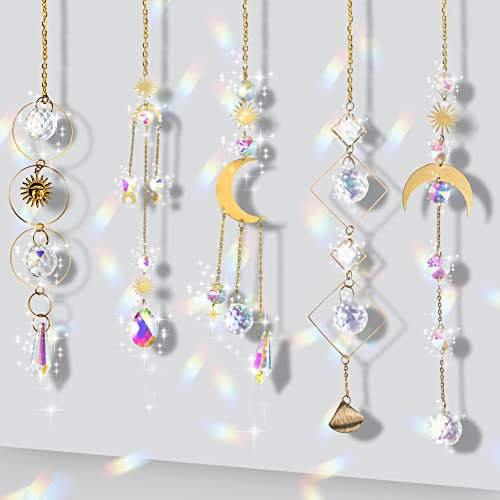 QINERSAW 5er Set Sonnenfänger Kristall Suncatcher Fenster Lichtfänger Crystal Windspiel Sun Catcher Kristall Anhänger Fenster Mond Kristalle Fensterdeko Crystal Anhänger Fenster Mond Sonnenfänger